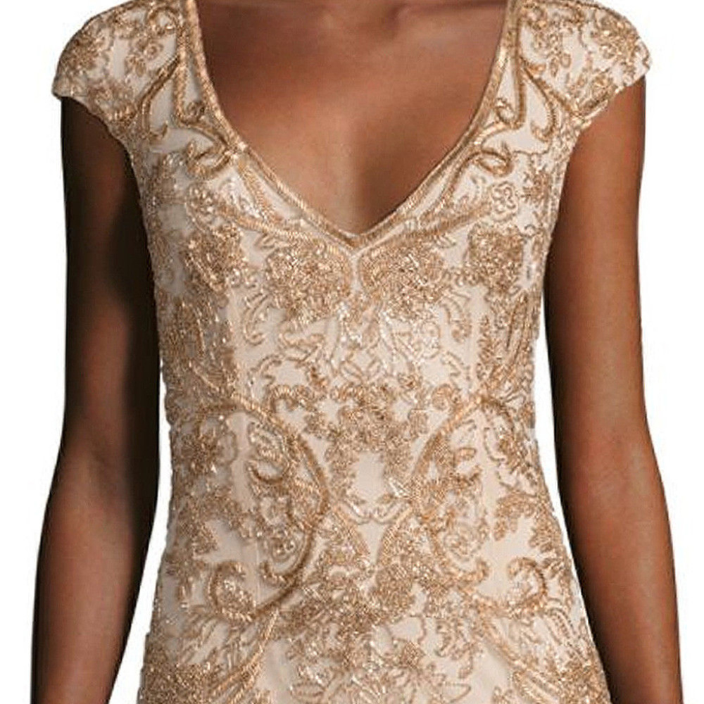 Theia Ochre Gold Beaded Cap Sleeve V-Neck Full Length Gown Evening Dress, Size 8 - Picture 4 of 11